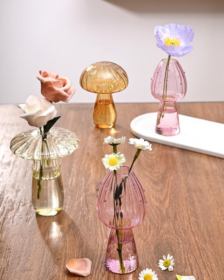 Decorative glass vases on a wooden surface with flowers and leaves.
