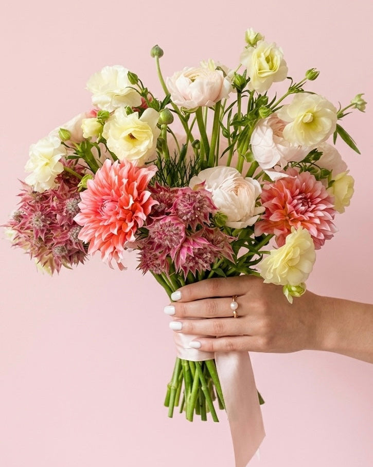 Hand holding a bouquet of flowers against a pink background