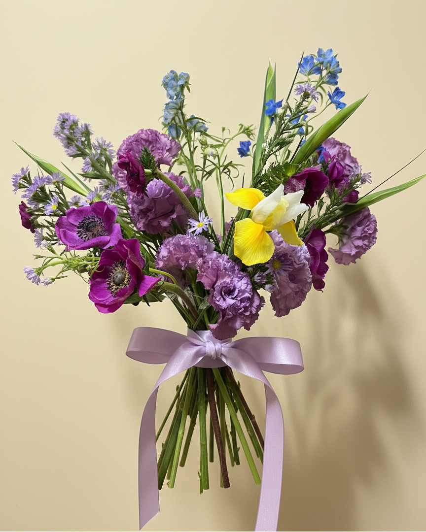Bouquet of flowers with a purple ribbon on a beige background